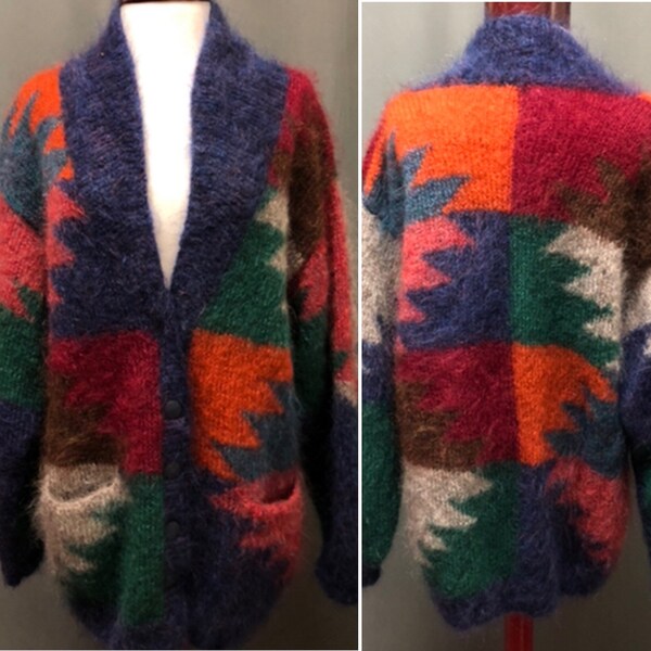 Vintage mohair oversized cardigan 80s sweater printed mohair cardigan