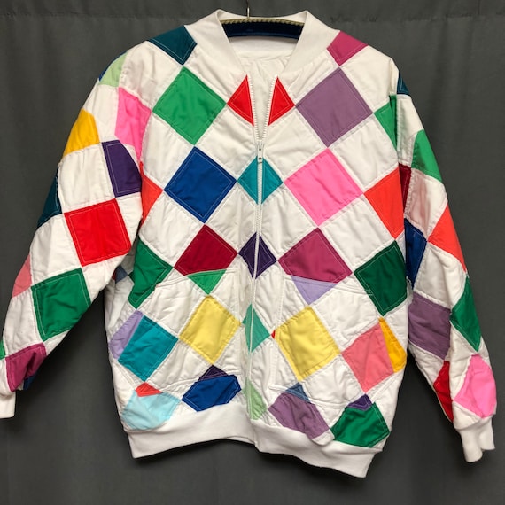 Vintage patchwork quilt jacket 80s color block bo… - image 2