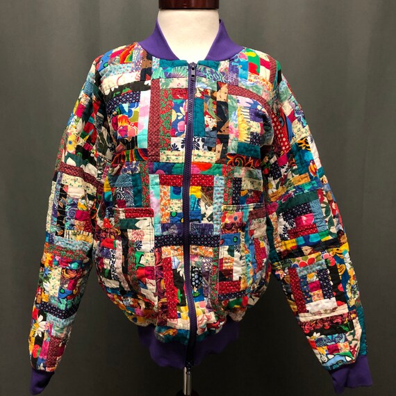 Vintage patchwork jacket 80s bomber quilt coat XL