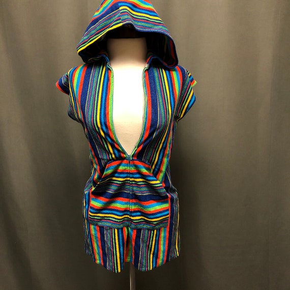 Vintage terry cloth hooded 70s striped romper swim