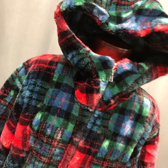 Vintage Donnybrook Faux fur hooded plaid coat prin
