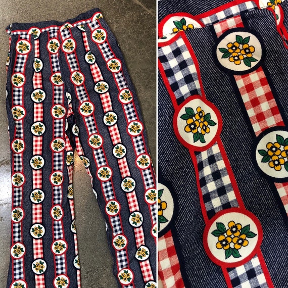Vintage 60s 70s boho hippie gingham daisy print de