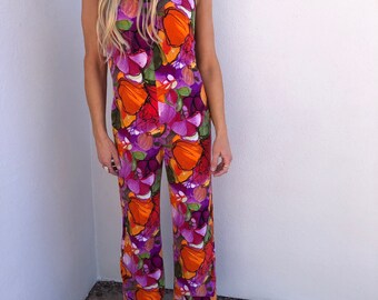 Rare vintage terry cloth jumpsuit 60s bright bold floral print playsuit