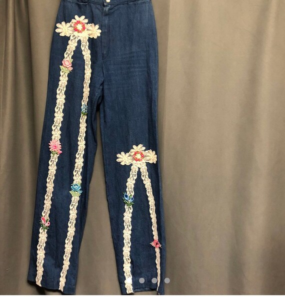 Vintage floral lace high waisted denim 70s jeans