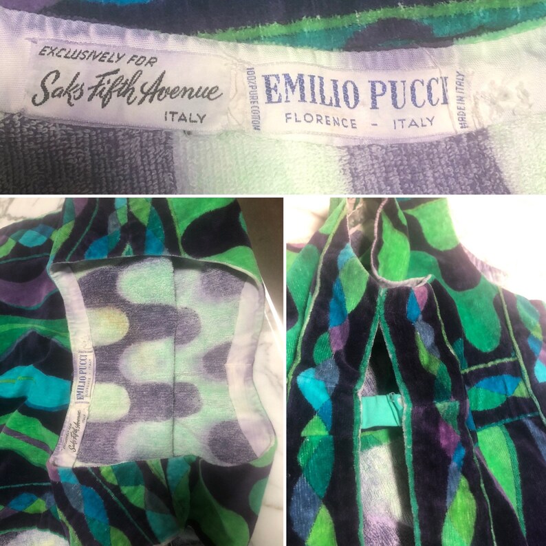 May include: A green, blue, and black patterned robe with a label that reads "Exclusively for Saks Fifth Avenue, Italy" and "Emilio Pucci, Florence - Italy, 100% Pure Cotton, Made in Italy".