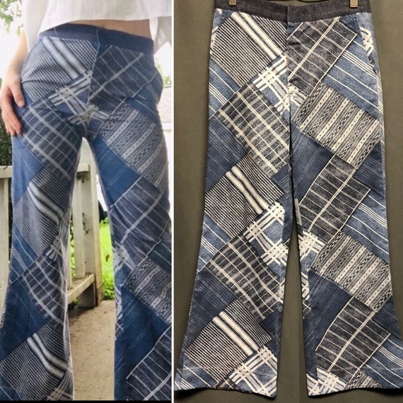 70s Patchwork denim print hippie pants