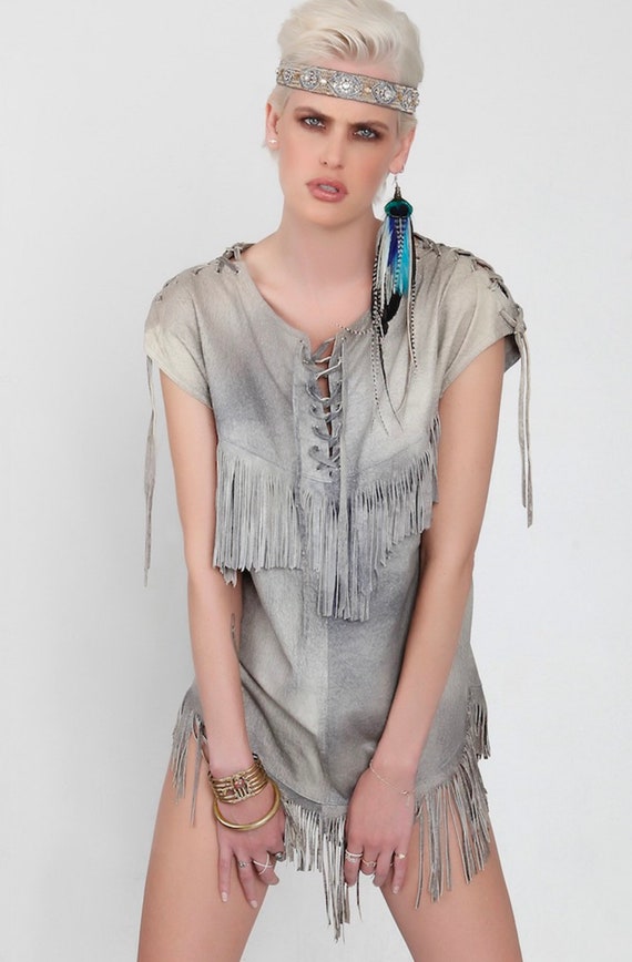 Vintage suede fringe bohemian hippie dress/top 70s