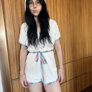 Vintage badstof romper Romper met capuchon Witte badstof romper Badpak badmode