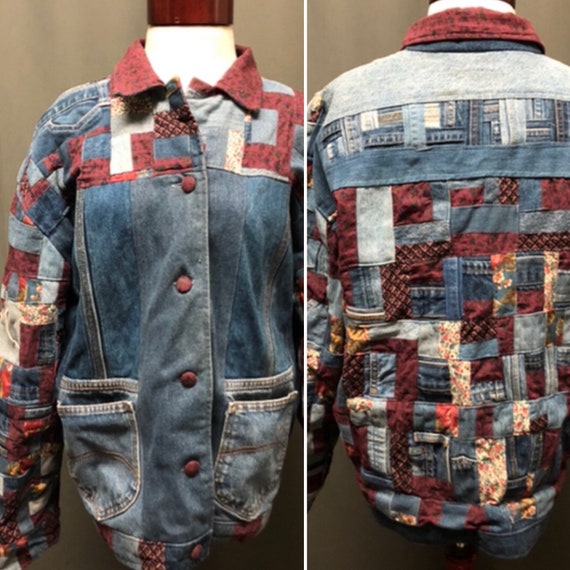 Vintage patchwork denim jacket 80s quilt coat 90s