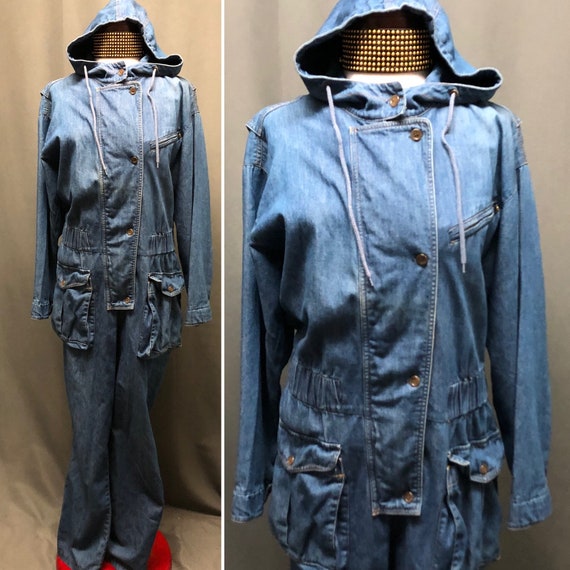 Vintage DKNY hooded 80s denim jumpsuit 90s jean ju