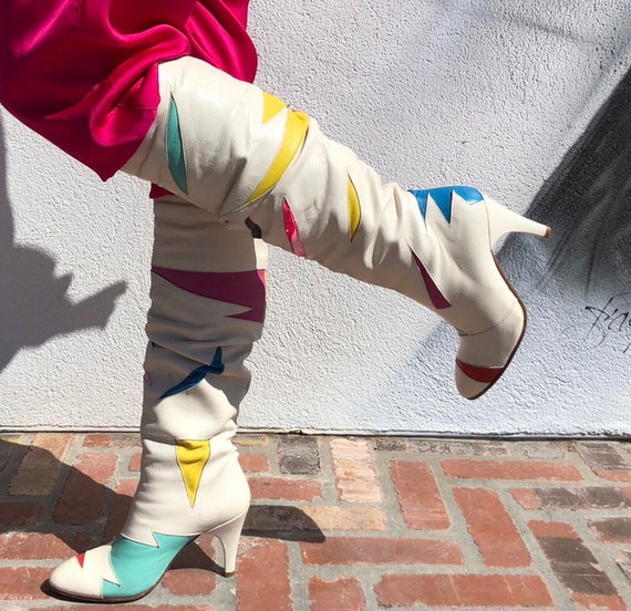 CraZZy Fun 80s neon patchwork bootS White glaM lea