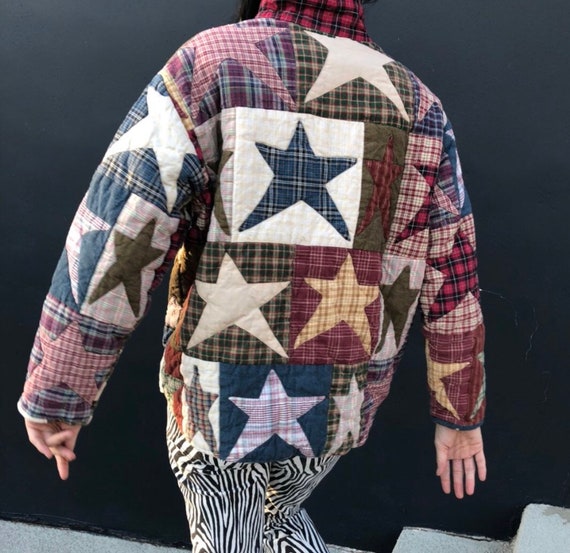 Vintage quilt patchwork jacket star plaid checkere