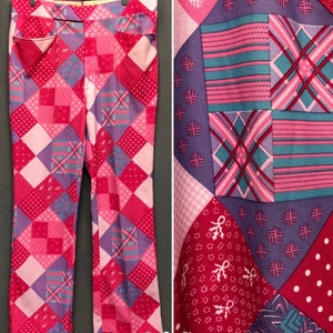 Fabuloso estampado de patchwork vintage para hombres / mujeres pantalones de la década de 1970 estampados cheques, lunares, plaid, pantalones de rayas