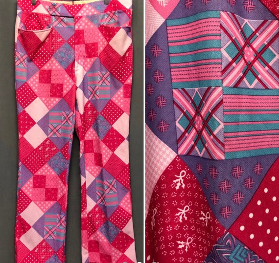 パンツ 70s Multicolor Plaid Patchwork Pants Fabulous Vintage Patchwork Print Mens/women's 1970s Pants Prints