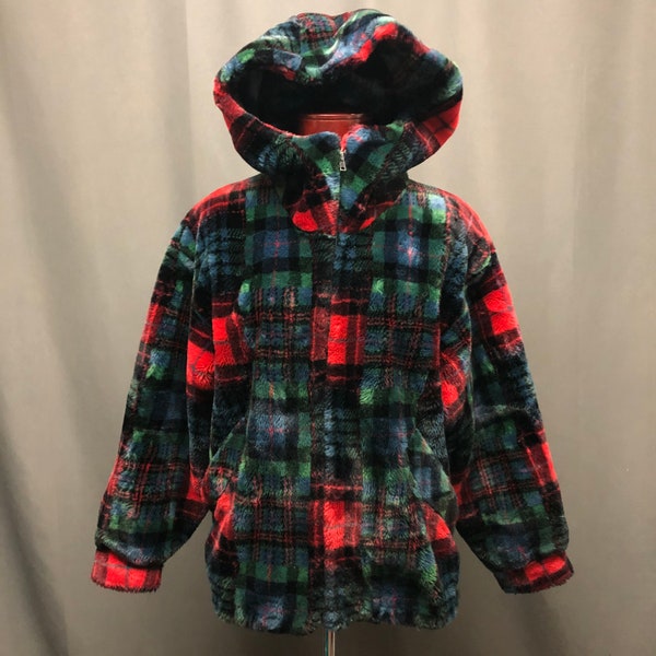 Vintage Donnybrook Faux fur hooded plaid coat printed 80s fur jacket