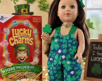 18 inch Doll Overalls, Handmade Sandals, Necklace, American Girl Doll Clothing, Saint Patrick's Day, Leprechaun, 4 Leaf Clover
