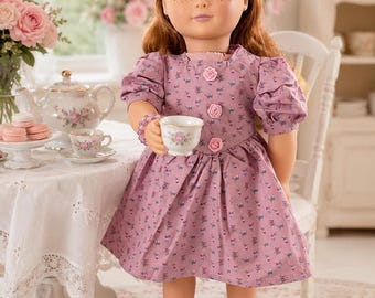 Handmade 18 Inch Doll Tea Party Dress, Rosebud Mauve Outfit with Shoes & Bracelet,  Fits American Girl