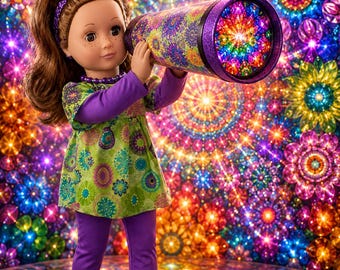 18 inch Doll Hippie Outfit, Lime Green and Purple Tunic Set,  Capri Leggings, Headband, Necklace & Crochet Sandals, Kaleidoscope Dreams