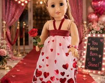 Sweetheart Rose Doll Dress, Valentine's Day Doll Clothes, 18 Inch Doll Outfit,  Handmade Doll Dress with Matching Shoes & Necklace