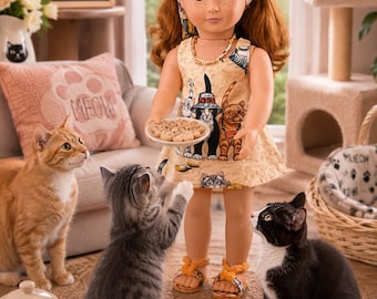 Handmade 18 Inch Doll Cat Print Outfit," Struttin' Kittens" Sleeveless Summer Dress with Matching Headband, Shoes & Necklace