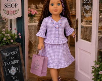 Handmade 18 Inch Doll, Lilac Gingham Two-Piece Dress Set with Shoes, Necklace and matching bracelet Tea Party