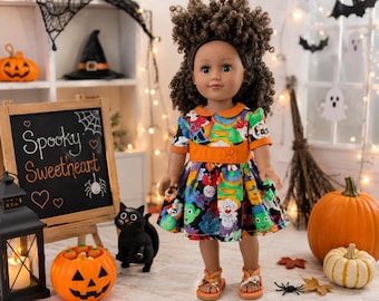 18 Inch Doll Halloween Dress, Handmade Spooky Sweetheart Dress, Peter Pan Collar Dress with Matching Sandals, Halloween Fun