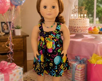 18 Inch Doll Birthday Surprise Dress Set, Celebration Party Dress, Matching Shoes and Necklace, Fits American Girl Doll