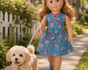 Blue Wildflower Peplum Sundress with Matching Sandals and Necklace, Fits American Girl® & Other 18 Inch Dolls,  Summer Doll Clothes