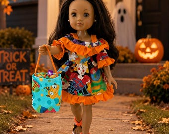 14 Inch Doll Halloween Dress, Handmade Halloween Fun Outfit, Wellie Wisher Doll Clothes, Spooky Trick or Treat Dress with Matching Sandals
