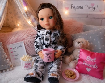 Zzzzzzber 14" Doll Cozy Fleece Lounge Set, Black & White Houndstooth Pajamas with Matching Slippers, Handmade Doll Clothes