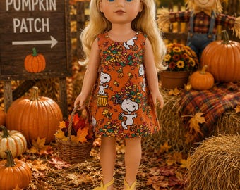 Autumn Outfit for 18 Inch Dolls, Snoopy Fall Doll Dress with Handmade Sandals, Fallen Leaves, American Girl Doll Clothes, Happy Harvest