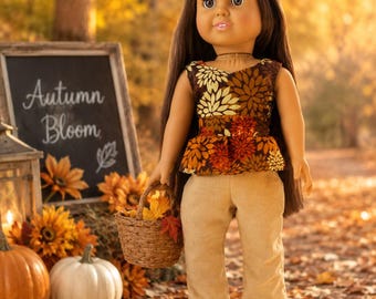 18 inch Doll Outfit, Autumn Colors, Peplum Top, Beige Pants, Handmade Brown Shoes, Necklace Included