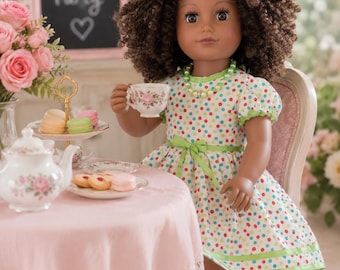 American Girl Doll Mint Confetti Tea Party Dress | 18 Inch Doll Outfit | Includes Matching Shoes & Necklace | Handmade Doll Clothes