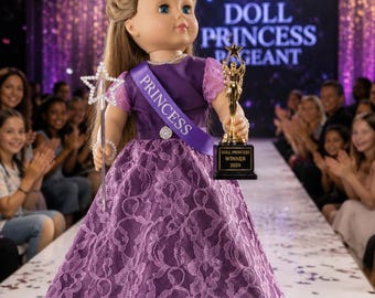 Princess Amethyst Doll Dress, Fits 18 Inch Dolls, Purple Lace Gown with Tiara, Wand, Jewelry & Princess Sash, Matching Child's Tiara
