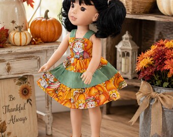 Wellie Wishers Thanksgiving Dress, "Thankful Harvest" Outfit, Handmade 14 Inch Doll Clothes, Matching Sandals, Happy Harvest Collection