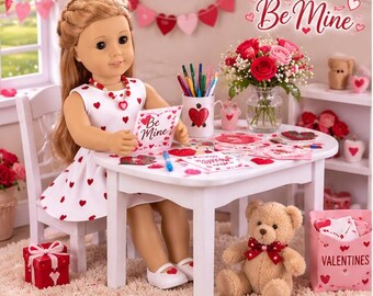 Handmade 18 Inch Doll, Valentine Collection, Be Mine, Heart Dress Set with Shoes & Necklace