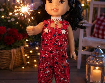Star Light Red White & Blue Doll Jumpsuit, 14 Inch Doll Outfit, Patriotic Doll Clothes, Wellie Wisher Doll Clothes, 4th of July Outfit