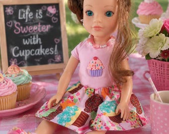 14 inch Doll Outfit, "Cupcake Cutie", Pink Shirt with Cupcake Button, Cupcake print Skirt, Handmade Sandals and Necklace,  Wellie Wisher