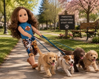 18 Inch Doll Clothes, Puppy Power Outfit, Puppy Print Capris, Blue Puppy Shirt, Fits American Girl Doll & Similar Dolls, Pet Shop