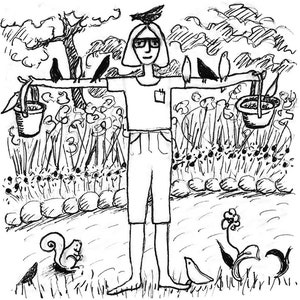 Pode incluir: Uma ilustração de desenho animado em preto e branco de uma mulher com um pássaro na cabeça segurando dois baldes. A mulher está em pé num jardim com árvores, flores e pássaros. O texto "The Bizarre Ms. STAR" está no topo da imagem e o texto "You may wonder why Star does what she does." está na parte inferior da imagem.