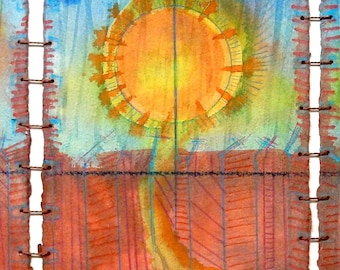 Fireball Triptych. A southwest color scheme sunset threesome sewn together with embroidery thread. A splash of color on the wall!