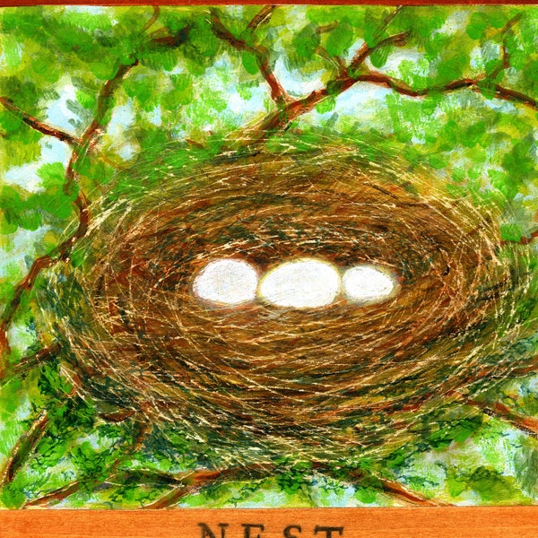 Bird nest with 3 eggs small painting