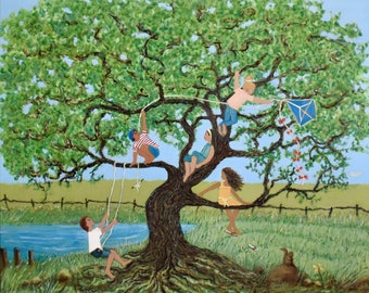 Children climbing oak tree notecards, original painting print (Set of 6)