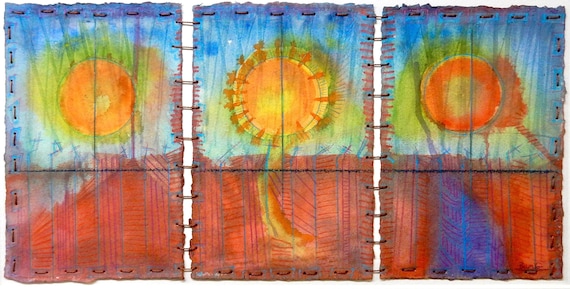 Fireball Triptych. A southwest color scheme sunset threesome sewn together with embroidery thread. A splash of color on the wall!