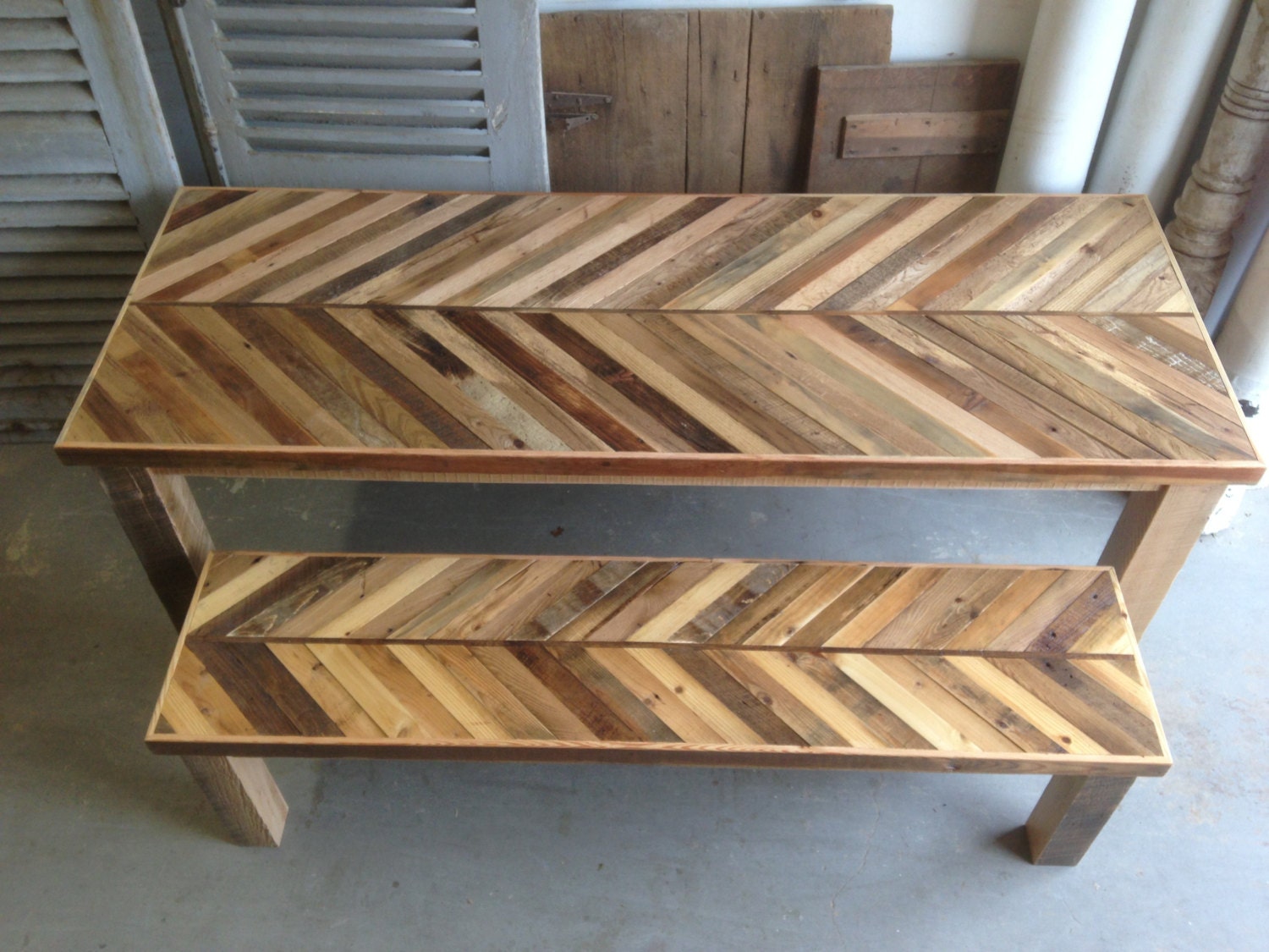 Reclaimed Pallet And Barn Wood Kitchen Table With Matching Bench Chevron Dining