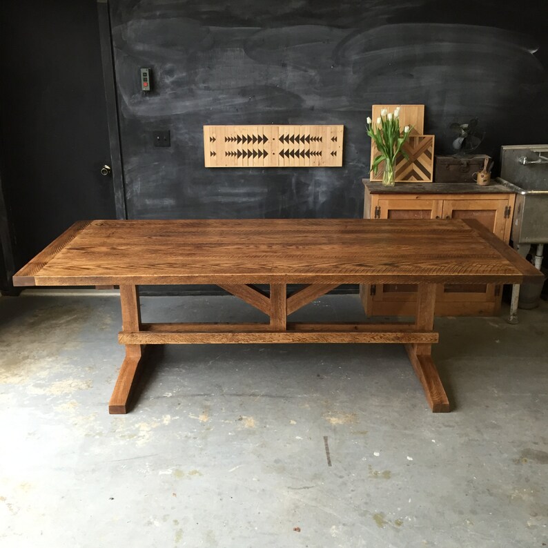 Solid Reclaimed And Rough Sawn Red Oak Farm Dining Table Wood Trestle Base Breadboard Ends Barn Rustic Traditional Farmhouse Country