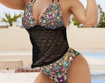 Gemstone Tankini Bathing Suit Citrine Sheer Mesh Swimsuit 2 Piece,Jewelry Bejeweled, Baroque Luxury Ruby Pink Topaz Princess Gift Resort