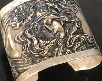 Art Nouveau Spoon Ring Sterling Silver 925 Cuff Bracelet Evangeline Unger Bros Victorian Upcycle Spoon Maiden Flowers Relief Sustainable