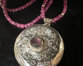 Art Noueau Sterling Silver 925 Amethyst Genuine Ruby  Necklace Pendant Antique