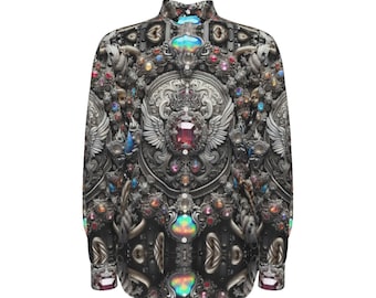 Cherub Gemstone Mens Cotton Shirt, Long Sleeve Button Up Mans Dress Baroque Rubies, Chains Opals Putti Silver Repoussé Byzantine Cupid Angel